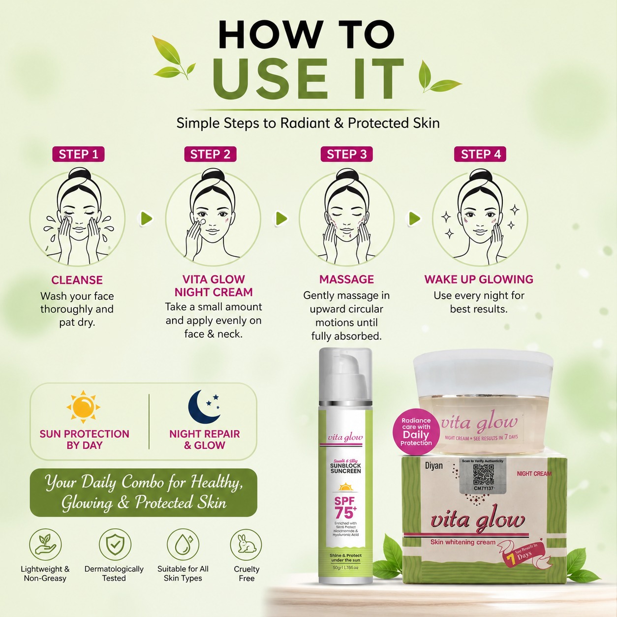 Vita Glow Glutathione Skin Brightening Combo Cream with FREE Sunblock  Lotion SPF 75